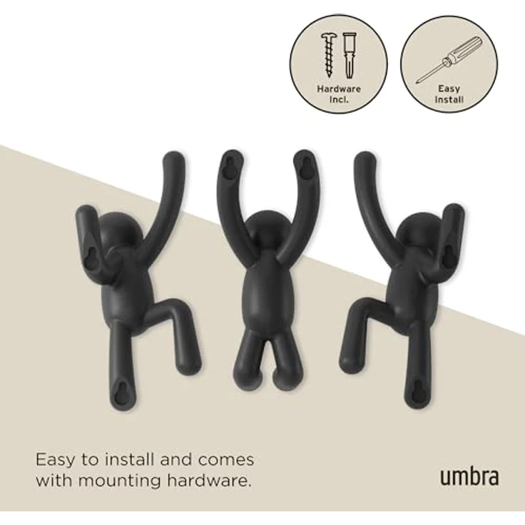 Umbra Buddy Haken - Dekorative Wandhaken Garderobe für Jacken, Schals, Taschen, Rucksäcke, Handtücher und Mehr, 3er-Set, Schwarz – Bild 7
