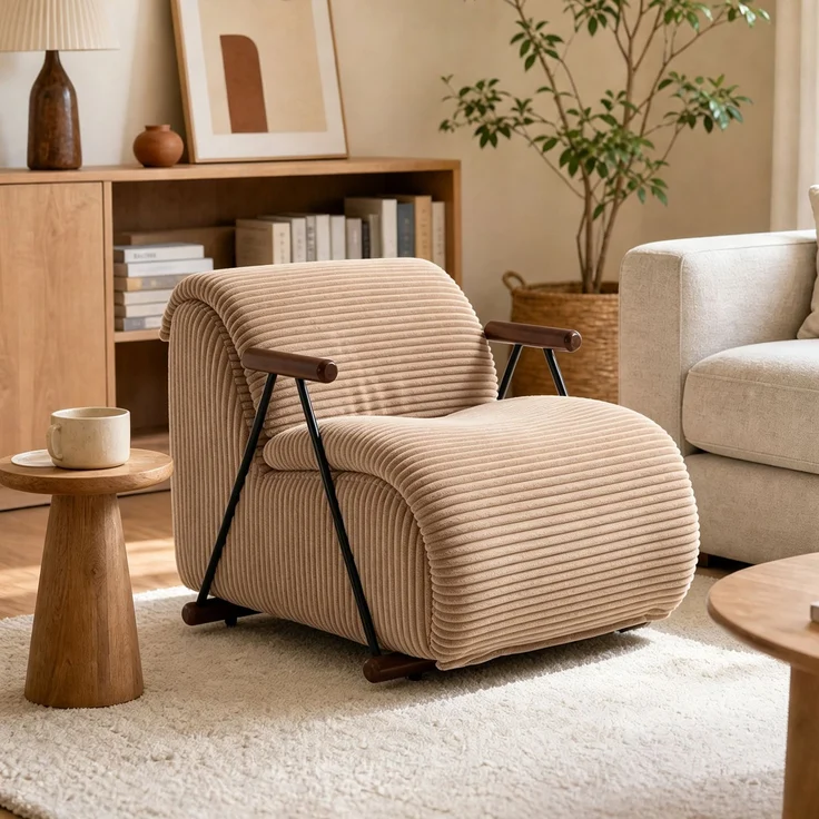 LVHOM Relaxsessel mit Lattenrost, ergonomischer Fernsehsessel, gepolsterter Loungesessel mit Armlehnen, XXL Lesesessel für Wohn- und Schlafzimmer, Cord Braun – Bild 1