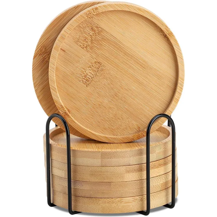 Bambus Untersetzer rund 6er Set Holz Glasuntersetzer Getränke Tassen Bar