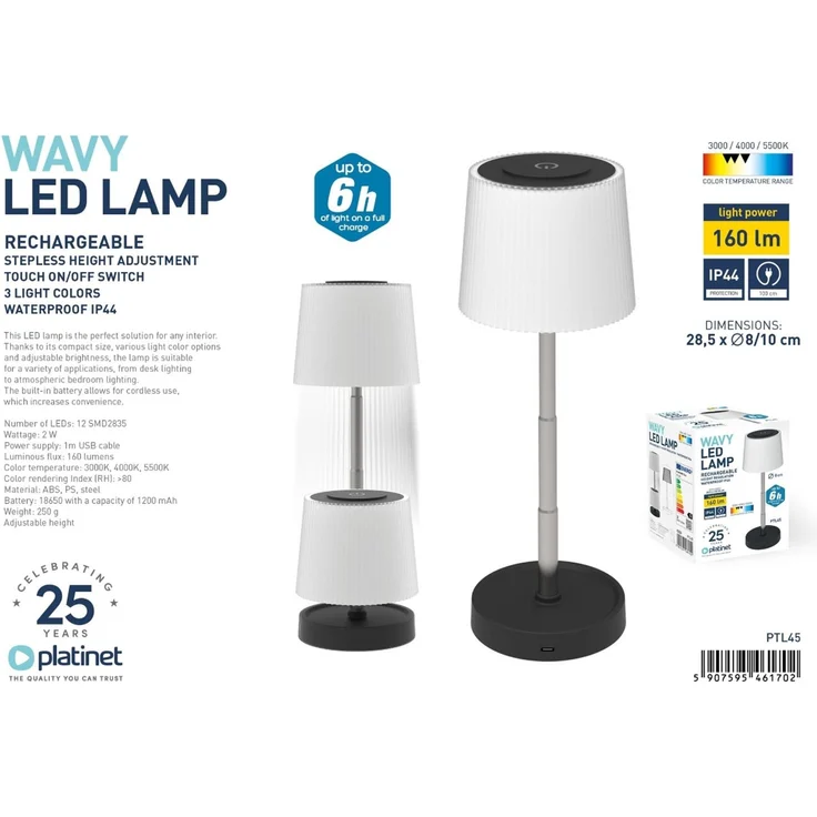 PLATINET LED Tischlampe 2W mit Akku, Touch und 3 Lichtfarben Schwarz – Bild 5