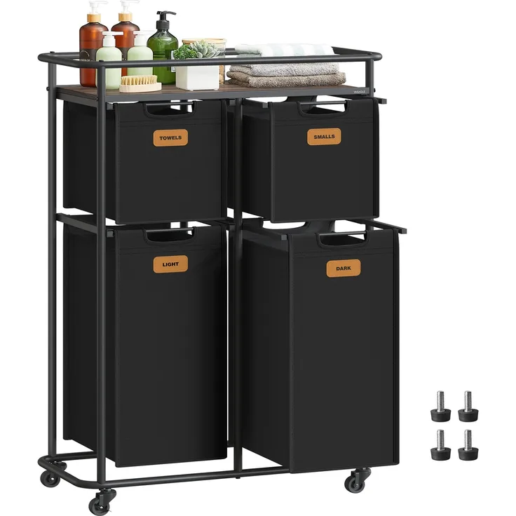 VASAGLE Wäschesortierer, Wäschetrenner mit Rädern, 150 L, Wäschekörbe, beweglicher Wäschewagen mit Ablage, 4 abnehmbare Taschen, 6 Etiketten, tintenschwarz-kastanienbraun