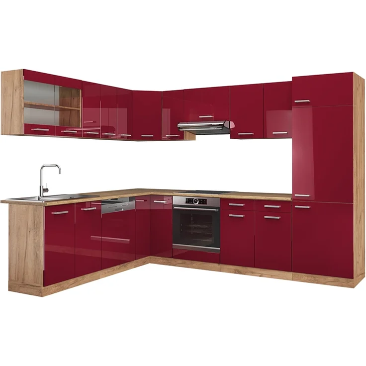 Eckküche R-Line Rot Hochglanz/Goldkraft Eiche 287 x 46 cm ohne Arbeitsplatte Vicco – Bild 1