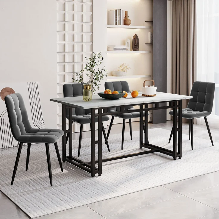 Merax 140cm Esstisch mit 4 Stühlen Set Esszimmer Sitzgruppe, Metallbeine,Essgruppe, (5-tlg), Samt, grau – Bild 1