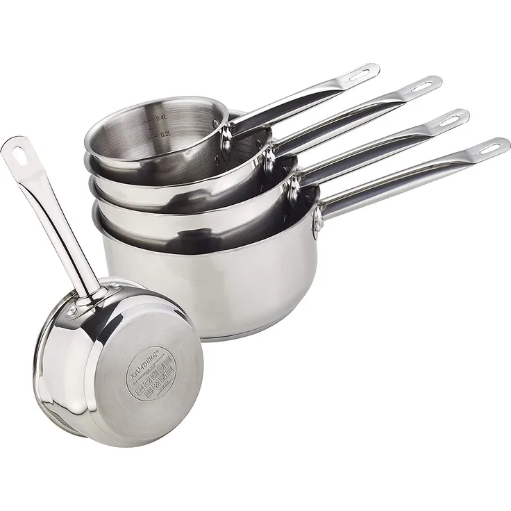 Kamberg Set mit 5 Töpfen 12-14 - 16-18 - 20 cm – hochwertiger Edelstahl – hitzebeständiger Griff aus Edelstahl – für alle Herde, auch Induktionsherde silber