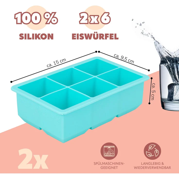 XXL 6er Silikon-Eiswürfelform, 2er-Set // 2 Stück für je 6 XXL Eiswürfel ca. 4 x 4,5 cm – Bild 7