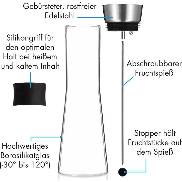 Glaswerk Sile Karaffe 1 Liter Borosilikatglas Fruchtspieß mit Stopper Transparent – Bild 6