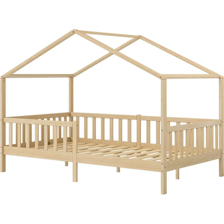 Bellabino 'Bia' Hausbett 120x200 cm mit Matratze, natur, Kiefer Massivholz, Montessori Kinderbett mit Rausfallschutz und Lattenrost – Bild 2
