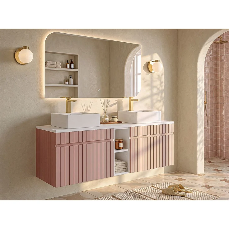 Vente-unique - Hängender Badezimmer-Unterschrank gerillt mit Fächern und Doppel-Aufsatz-Waschbecken quadratisch – Rosa – B140 cm – SATARA – Bild 2