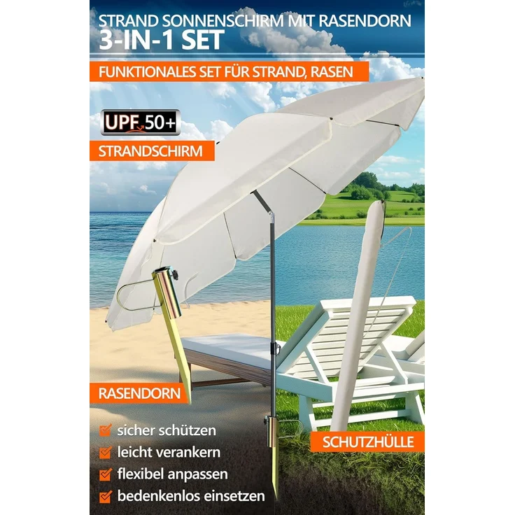 4smile Sonnenschirm Strand SunnyJoy, Beige – 3er Set inkl. Strandschirm windfest stabil, Rasendorn Sonnenschirmhalter, Schirmhülle – Sonnenschirm mit Rasendorn, Schirmspieß für Garten – Bild 2