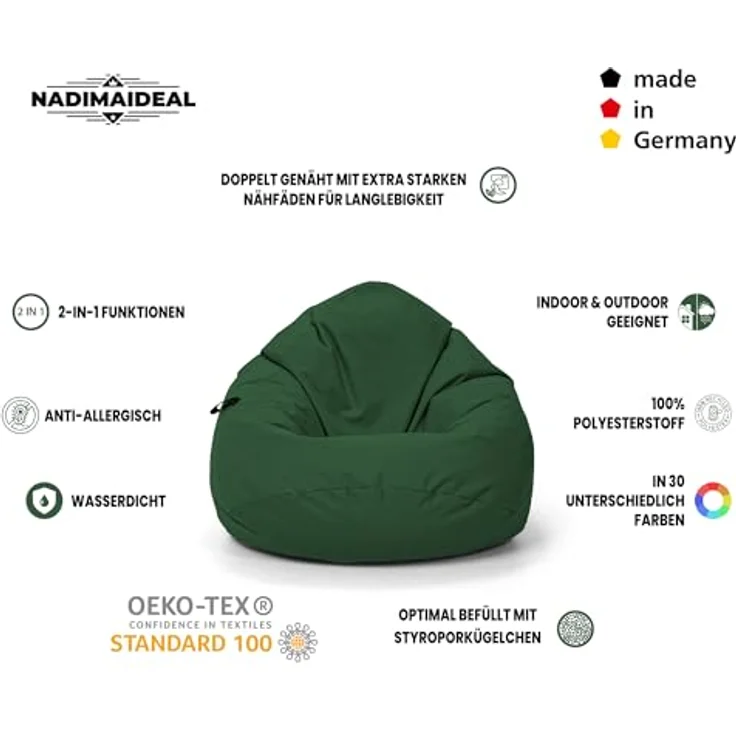 Nadimaideal Sitzsack Tropfenform Kastanie | Bodenkissen für Kinder & Erwachsene | Indoor & Outdoor | Gaming Sitzsack - Sitzkissen - Beanbag | Füllung EPS Perlen (Dunkelgrün, XXL-Durchmesser 88 cm) – Bild 4