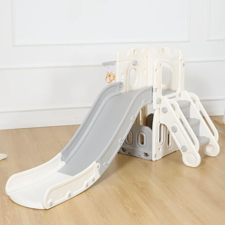 Baby Vivo Kinderrutsche / Rutsche mit Basketballkorb - Schloss in Grau / Beige – Bild 1