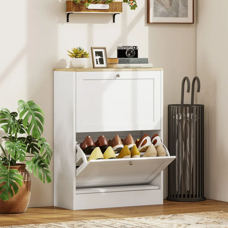 Wohnora-Schuhschrank für 12 Paar Schuhe, Garderobenschrank mit 2 Klappschubladen und verstellbaren Einlegeböden, 60 x 23,5 x 80 cm, weiß,H 800cm x T 600cm x B 235cm,Spanplatte – Bild 2