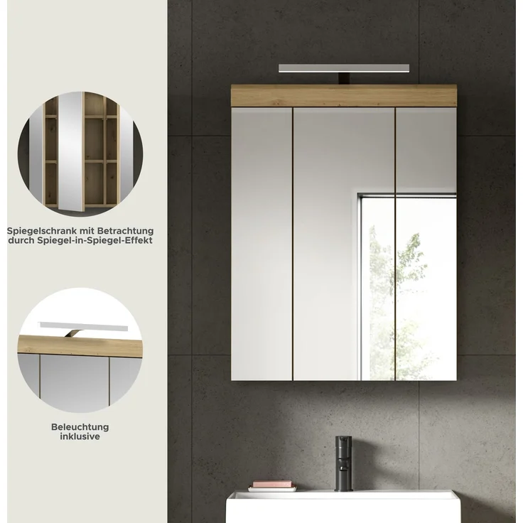 Xonox Scout Spiegelschrank inkl. Beleuchtung (B/H/T: 60x79x18 cm) in Salbei und Artisan Eiche Nachbildung – Bild 8