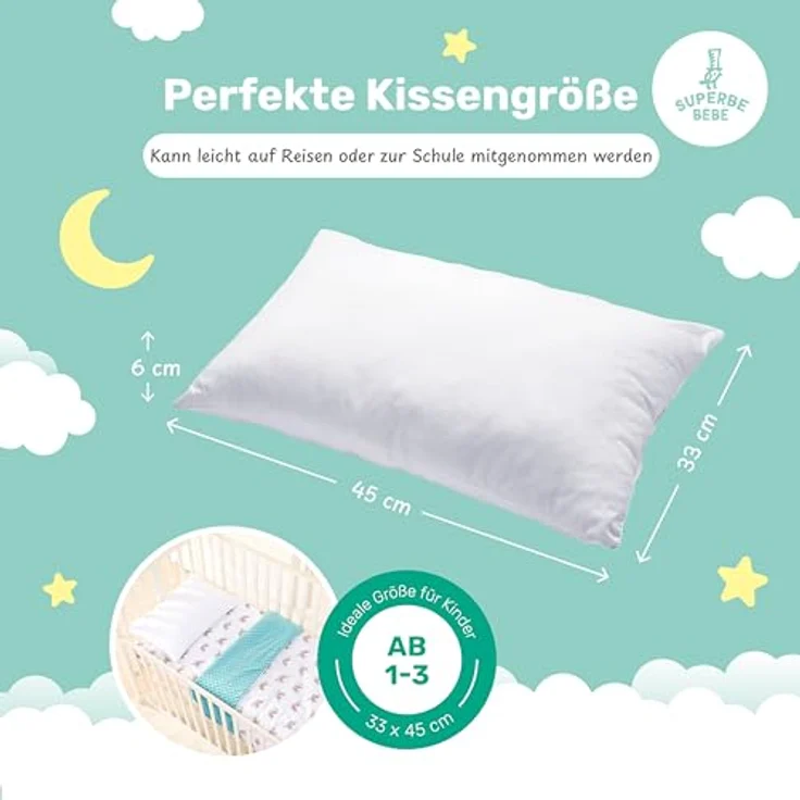 Öko-Tex-Baumwoll-Kinderkissen Weiß - Perfektes Kopfkissen für Kinder von 1 bis 3 Jahren - 33x45 cm Sanftes, hypoallergenes Kissen, leicht zu waschen - Hervorragend für den Schlafbereich und unterwegs – Bild 5