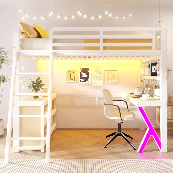 Merax Hochbett, 90 x 200 cm, Kinderbett, Einzelbett mit Tisch, LED - Lichtleiste, Aufbewahrungsschrank, Ohne Matratze, Weiß – Bild 3