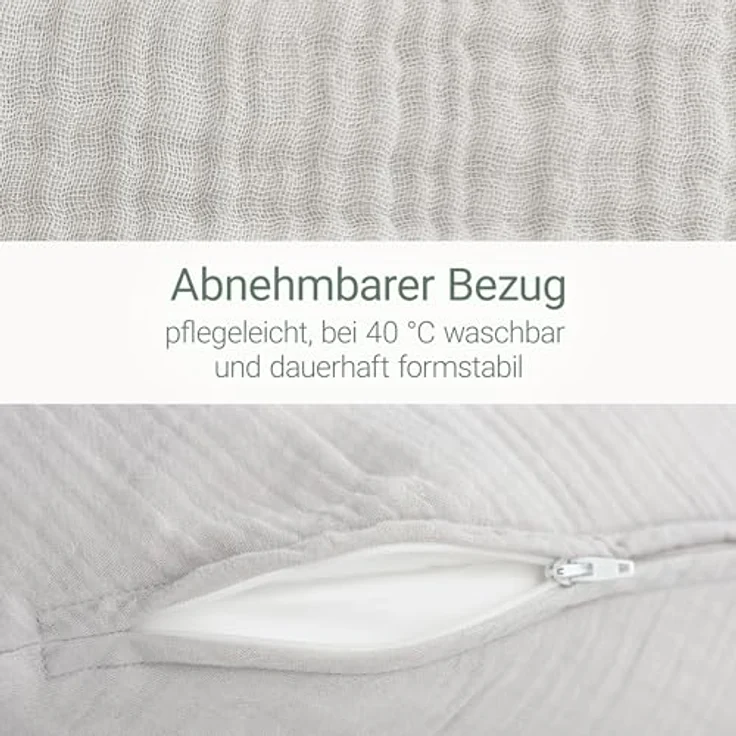 Theraline Dodo Premium Stillkissen, flexibles Lagerungs- und Stillkissen mit feiner Perlen-Füllung, 180 cm, Musselin Bezug in Nebelgrau – Bild 6