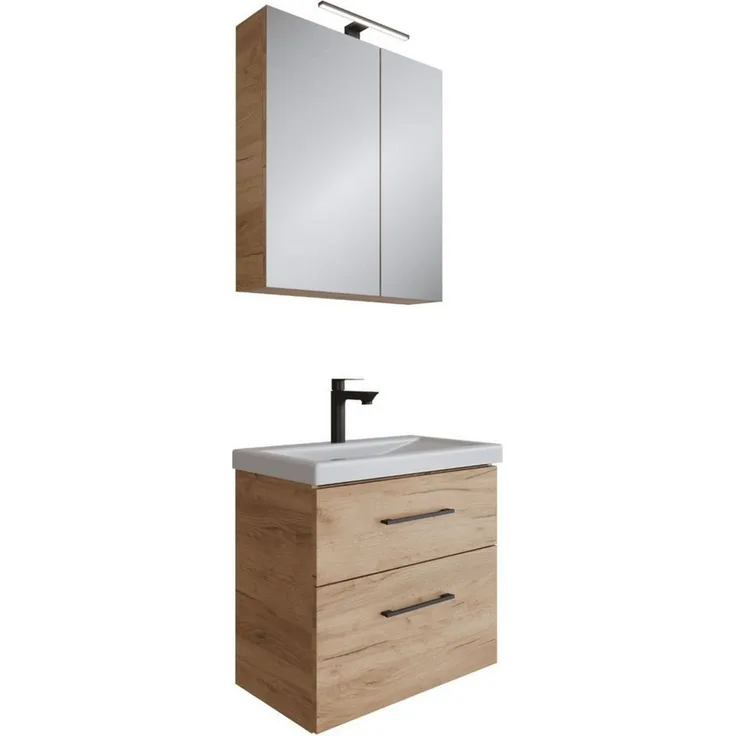 Planetmöbel Waschtischunterschrank 64cm mit Spiegelschrank Badmöbel Set für Badezimmer Gäste WC Gold Eiche