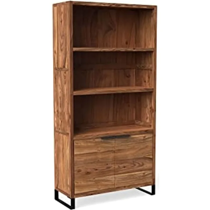 Bücherregal Sydney Akazie hell massiv Holzregal 90x180x35 cm mit Tür Regalschrank Bücherschrank für Wohnzimmer Büro Flur Esszimmer zeitlos elegant