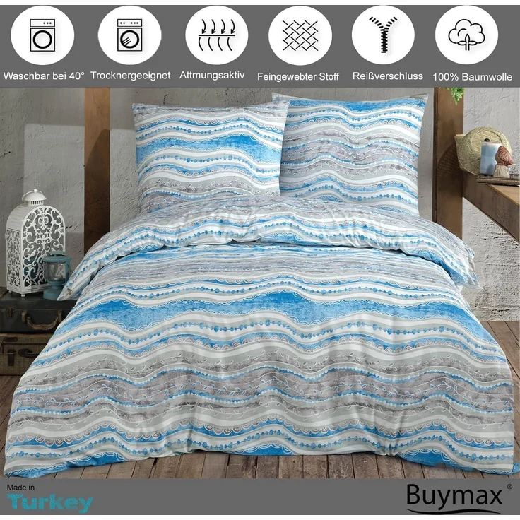 Buymax Bettwäsche, Renforce: 100% Baumwolle, 2 teilig, 135x200 cm Bettbezug Set, mit Reißverschluss, Streifen, Blau Weiß Grau – Bild 2