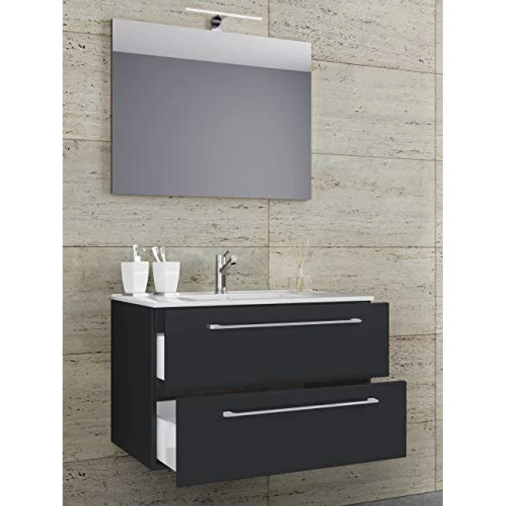 VCM Badmöbelset Badinos, 3-tlg. mit Waschplatz, Keramikwaschbecken und Spiegel aus ESG-Sicherheitsglas, 2 Schubladen, Korpus in Melamin – Bild 2