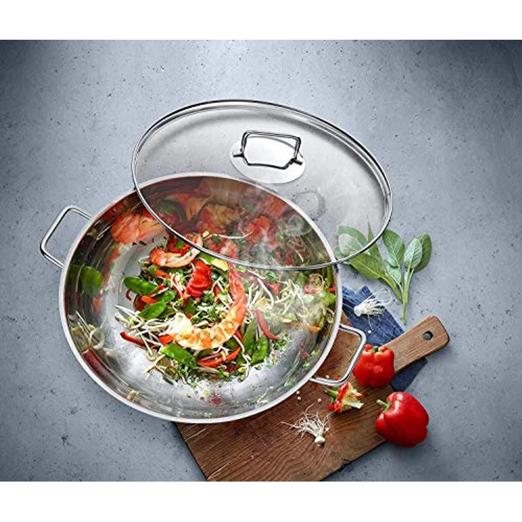 WMF Macao Wok Induktion 2-teilig, Wokpfanne 36 cm mit Glasdeckel, Wok für Induktion, Cromargan Edelstahl poliert, unbeschichtet – Bild 3