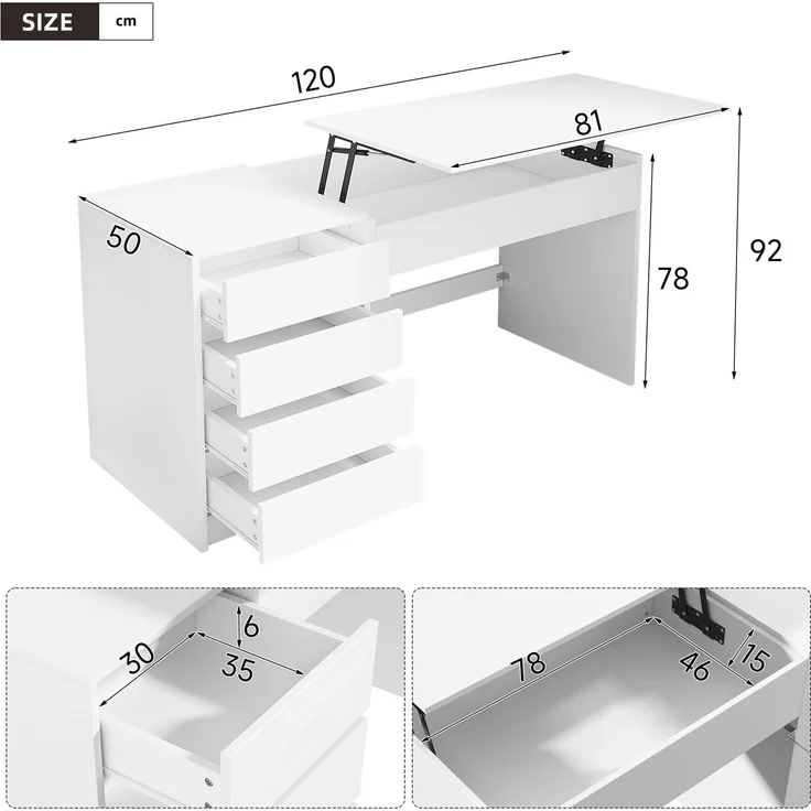 ZUBALIYA 120×50×78–92cm, höhenverstellbarer Schreibtisch mit 4 Schubladen – weißer Schminktisch und Computertisch in einem, mit manueller Höhenverstellung und verstecktem Stauraum, Schreibtisch, Schminktisch – Bild 6
