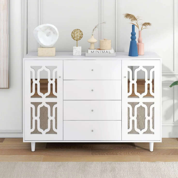 Weißes Spiegel-Sideboard 147×40×102 cm mit 4 Schubladen, 2 Türen, Glasgriffen,Kommode Highboard Luxus Design – Bild 2