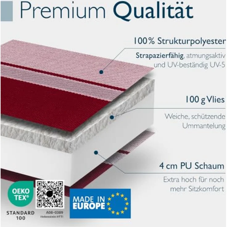 Beautissu Hochlehnerauflage 2er Set Sun-HL, 120x50x8cm, Rot-Anthrazit-Gestreift, mit Kopfpolster, rutschfest und robust, UV 5 Schutz – Bild 4