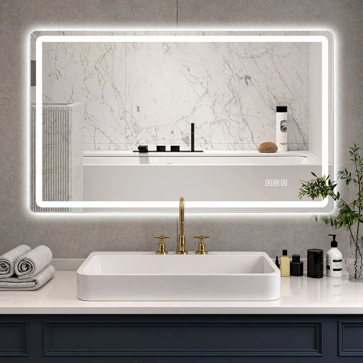 60×120cm Rahmenloser LED Badezimmerspiegel mit Mattierter Frontbeleuchtung, Anti-Beschlag, 3 Lichtfarben, Stufenlos Dimmbar, Memory-Funktion, Horizontal & Vertikal Montierbar, IP44 Wasserdicht--Silber--120x60x2.9cm--YOUDENOVA – Bild 2