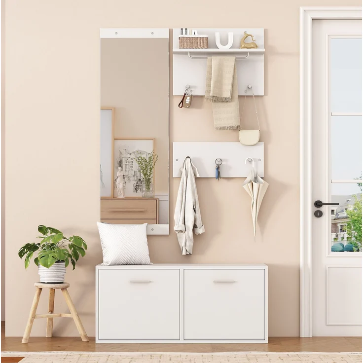 DESVIAE Garderobenschrank-Set 4-tlg. mit Spiegel und 6 Haken 90x41,5x30 cm Spanplatte Weiß – Bild 2
