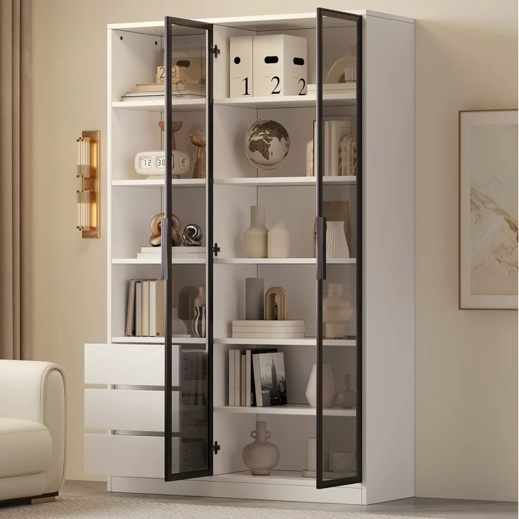 Vitrine 100 x 35 x 160 cm in Mattweiß mit Glastüren, LED-Beleuchtung und Schubladen – Bild 2