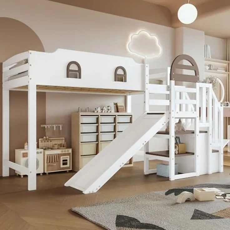 Ball & Cast Kinderbett (90x200cm) Hochbett mit Kinderrutsche und Treppe, Einzelbett aus Holz mit Gitter und 2 Schließfächer, Weiß