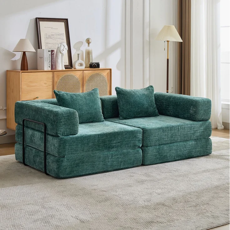 Schlafsofa aus Chenille, faltbar und modular, 100x200x63 cm, Dunkelgrün – Bild 1