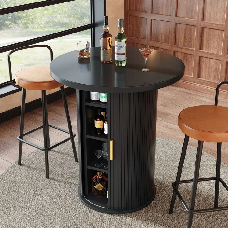 Runder Bartisch mit Stauraum, 91,6cm hoher Stehtisch mit Schrank, MDF Holzoptik, Belastbar bis 75kg, für Bar & Wohnzimmer – Bild 3