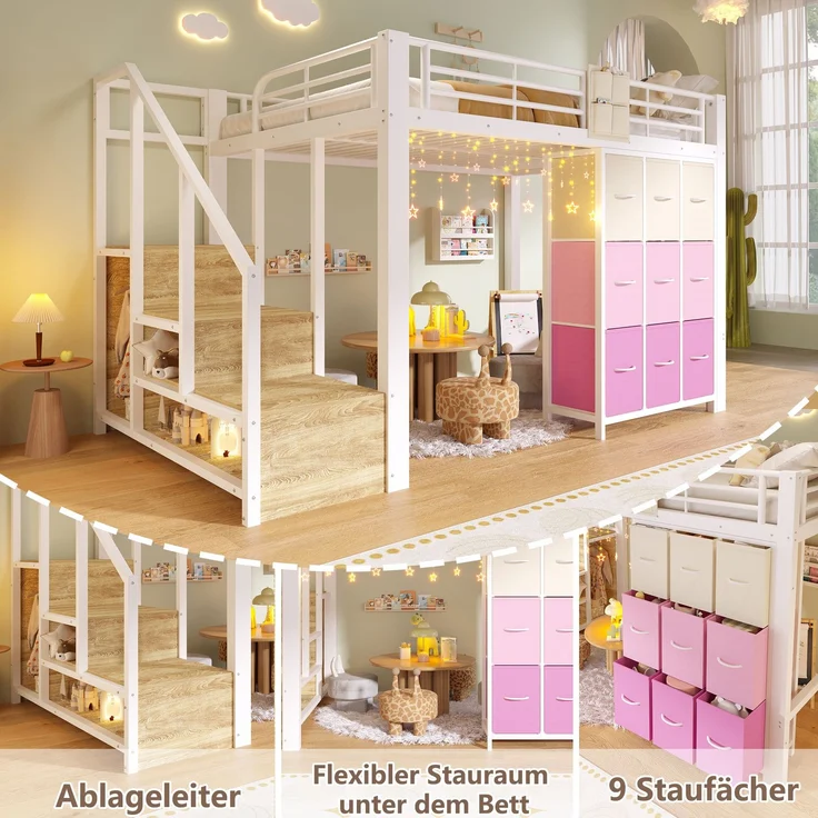 Merax Hochbett, Kinderbett 140×200 cm, Metall, mit Schubladen, Kleiderstange, Geländer, Treppe mit Stauraum, ohne Matratze, Weiß – Bild 6