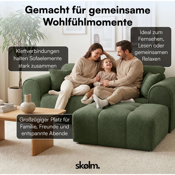skølm 'Vanaheim' Sofa 2 Sitzer mit Hocker & 2 Kissen, Cloud Sofa dunkelgrün, Chenille-Stoff, Vollschaumcouch mit Federkern und Vakuum-Kompression, kein Aufbau erforderlich – Bild 5