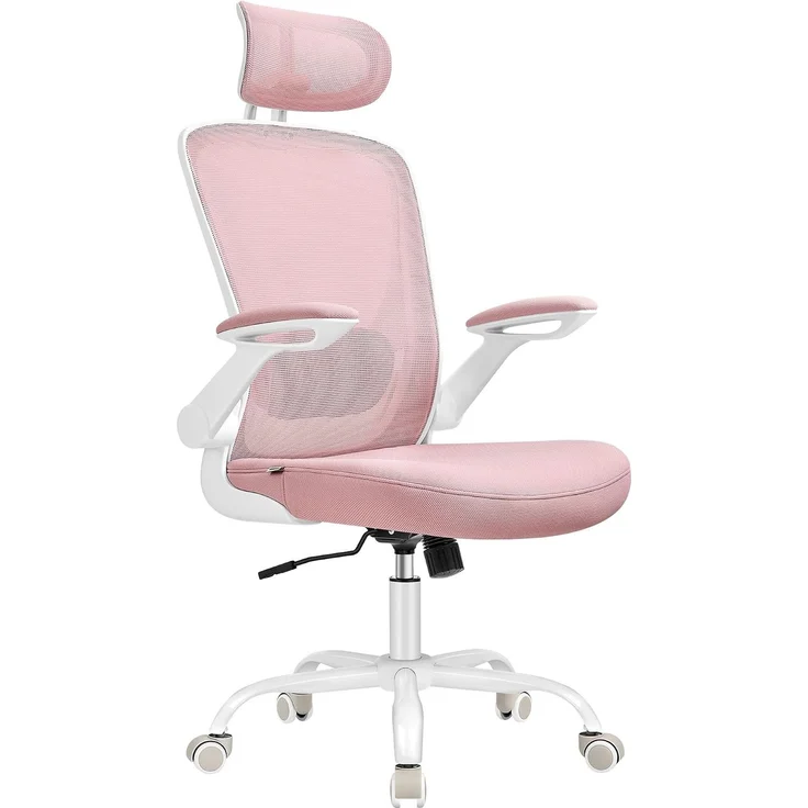 Songmics Bürostuhl ergonomisch, mit Mesh, gepolsterte Lendenstütze, Wippfunktion, 53 cm große Sitzfläche, klappbare Armlehnen, Kopfstütze, pastellrosa, 64x64 x (115-130) cm – Bild 7