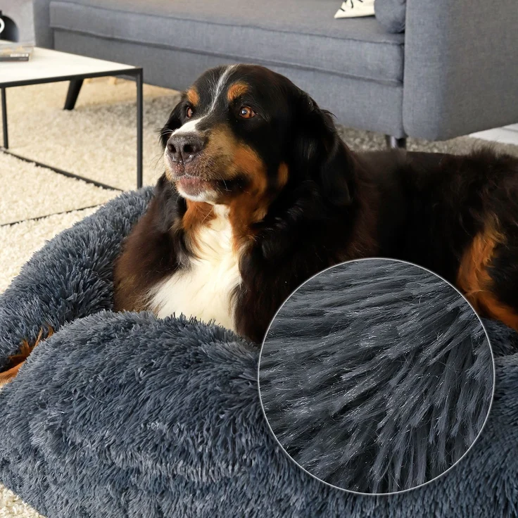 lionto Donut Hundebett, rundes Hundesofa mit Plüschbezug & Anti-Rutsch-Noppen, weich & gemütlich, 120 cm Durchmesser, dunkelgrau – Bild 3
