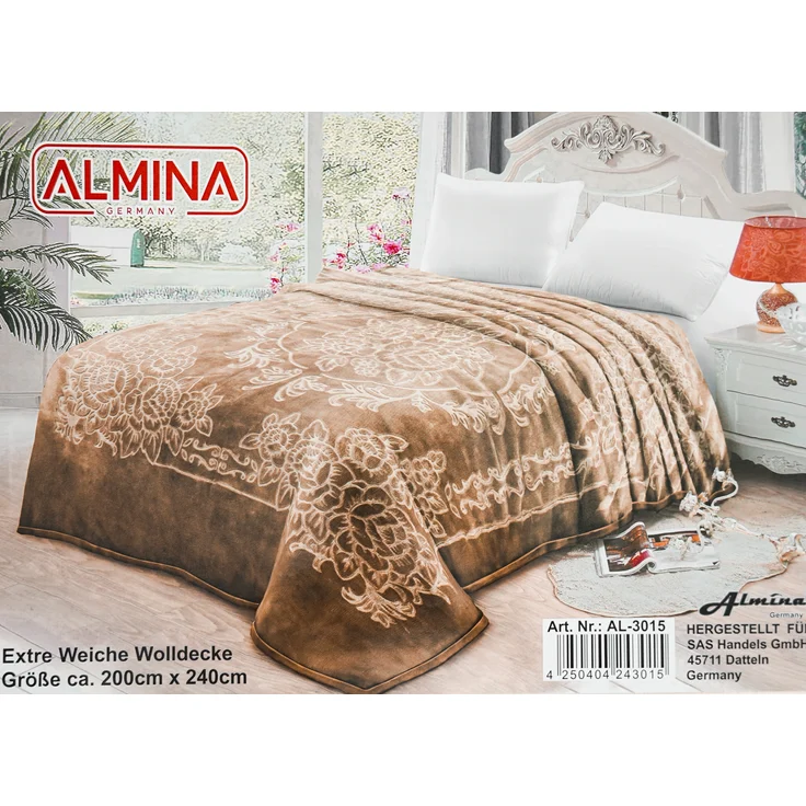 Almina Extra Weiche Wolldecke 200x240 cm 100% PES mit Blumen Muster Waschmaschinengeeinet Braun – Bild 5