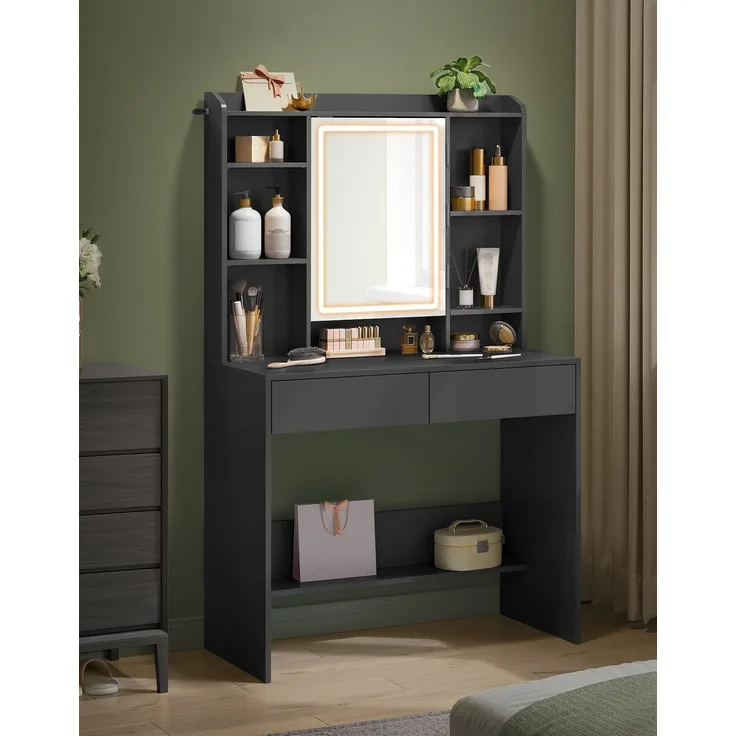 Vasagle Schminktisch mit LED-Beleuchtung, 3 Farben mit einstellbarer Helligkeit, Frisiertisch mit Spiegel, Kosmetiktisch mit verstellbaren Ablagen, 2 Schubladen, modern, tintenschwarz von Songmics