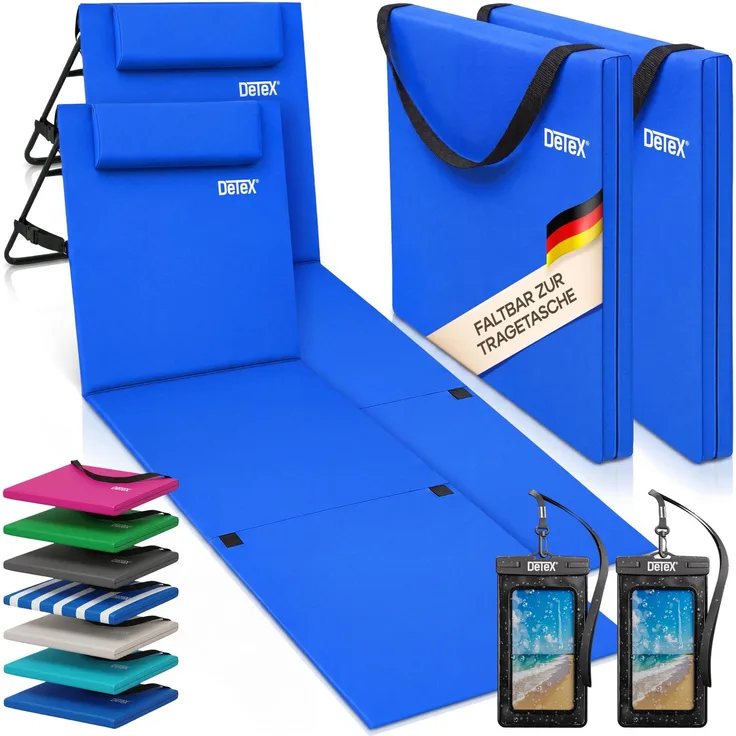 DETEX® 2er Set Strandliege Faltbar Leicht Strandmatte Gepolstert mit Rückenlehne Kissen Handyhülle Sonnenliege Klappbar 2 Personen Liegestuhl Blau