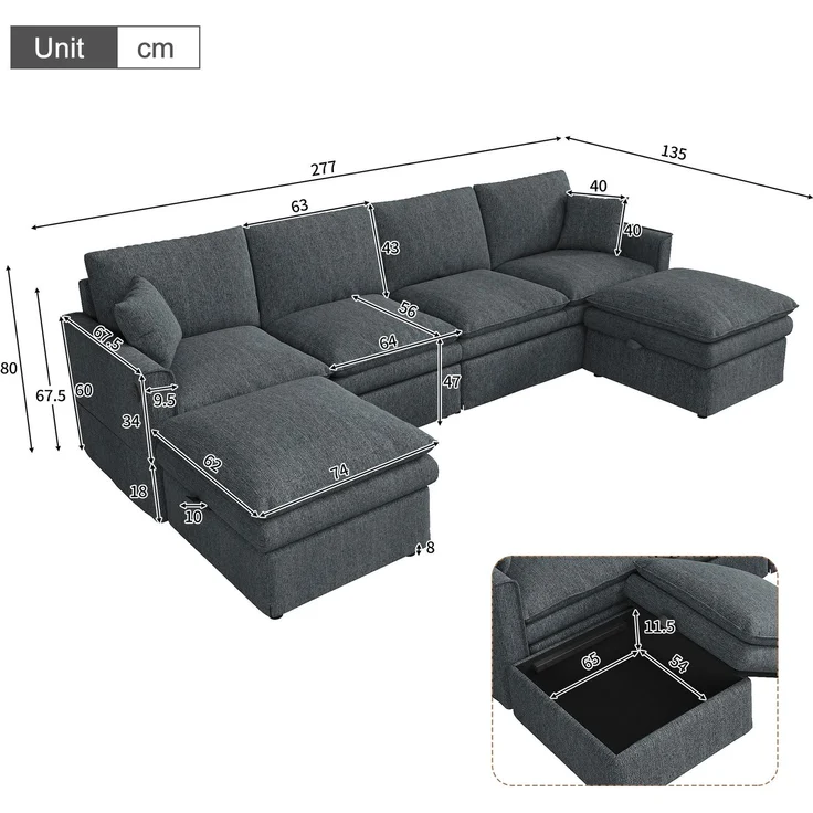 Modulares Ecksofa 277x135x80 cm, 6-Sitzer in Grau mit Stauraumhockern und USB-Anschluss – Bild 5