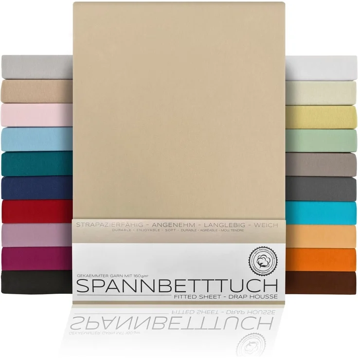 Beautex Spannbettlaken, Gummizug: rundum, (1 Stück), gekämmte Baumwolle Premium Jersey, 160g/m², Beige, Standard - 90 x 200 x 30 cm – Bild 5