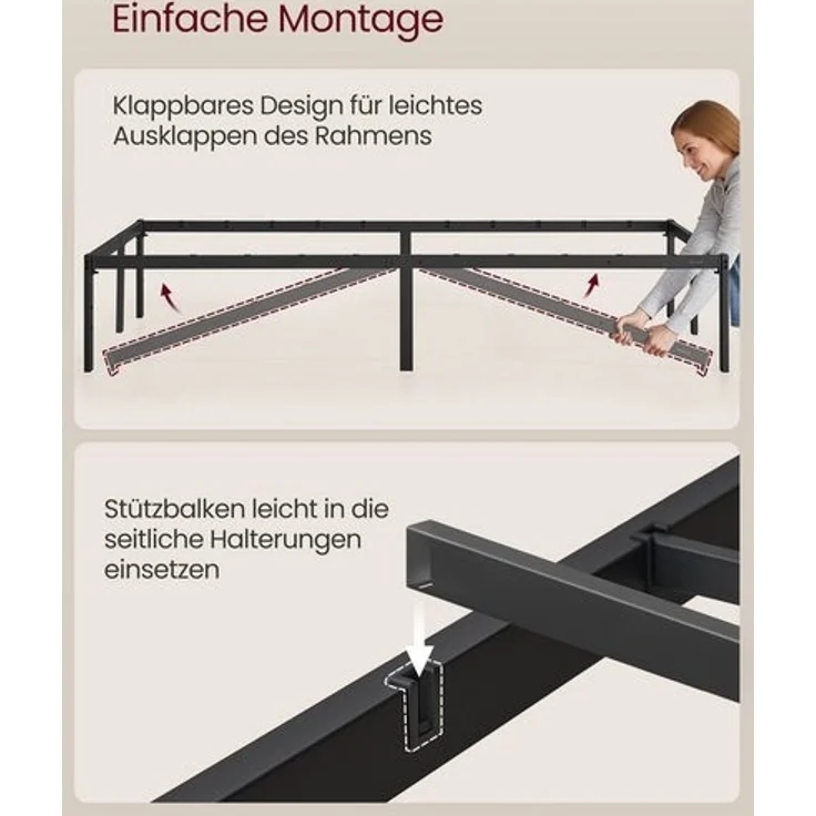 VASAGLE Doppelbettgestell, Bett, 160 x 200 cm, Metallbett, Bettrahmen, Unterbettaufbewahrung, modern, Gästebett, einfacher Aufbau, tintenschwarz RMBDE135B01 – Bild 2