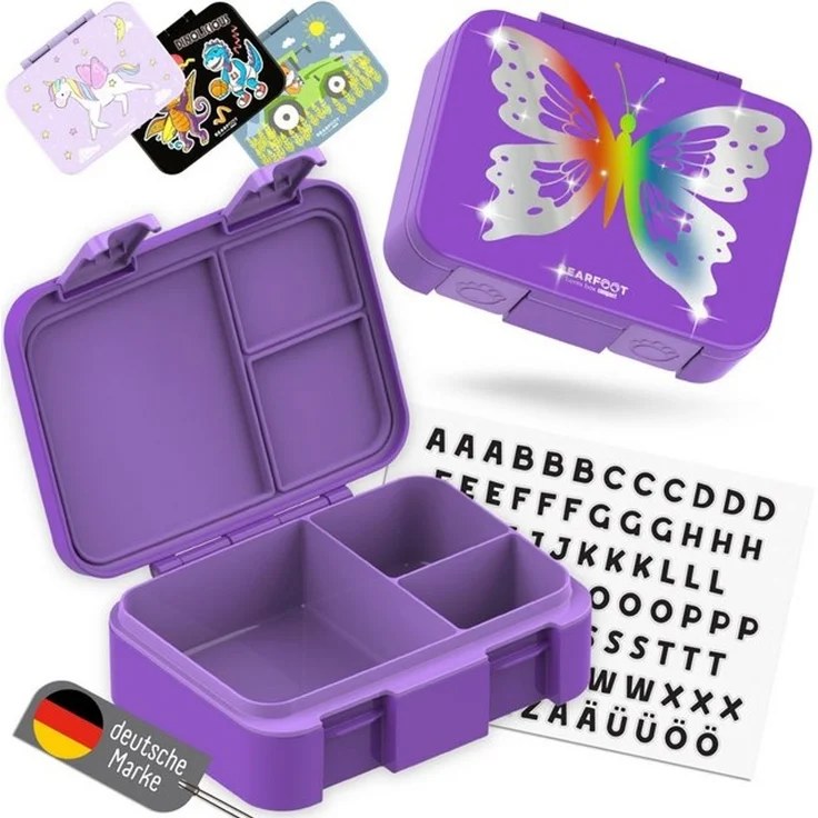 BEARFOOT Lunchbox Brotdose mit Fächern,auslaufsicher-Butterfly-GLOW lila 650ml, PP, ABS, Silikon, Kindergarten und Schule - Mädchen und Jungen, Vesperbox, Snackbox – Bild 2
