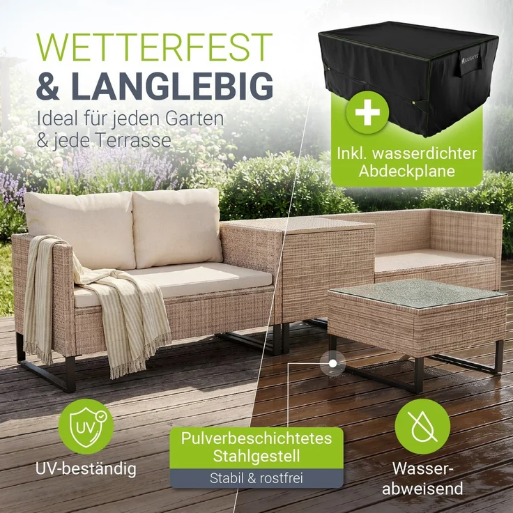 Juskys Outdoor Polyrattan Lounge Santorini inkl. Abdeckung - Gartenlounge mit Beistelltisch & Auflagenbox - Gartenmöbel Set Rattan Sitzecke wetterfest - Creme – Bild 2