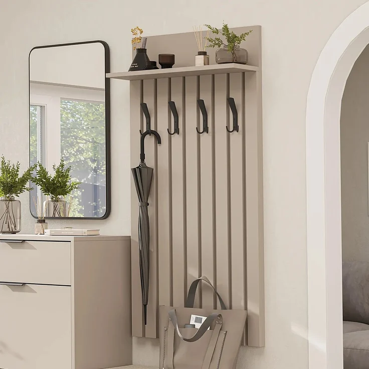 Roomart NORD Garderobenpaneel 130 cm – Wandgarderobe mit 4 Doppelhaken & Hutablage in Lamellenoptik – H 130 x B 69.2 x T 18.6 cm • Beige – Bild 1