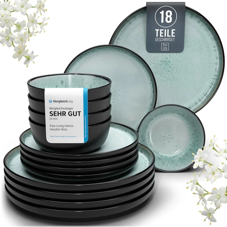 Steingut Geschirrset 6 Pers. Ibiza 18-tlg Hochwertiges Mediterranes TEST SEHR GUT Steingut Geschirr Set - Schüssel- und Teller Set - Tafelservice 6 Personen Geschirrsets Pure Living in Salbeigrün – Bild 1