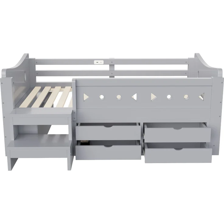 Kinderbett 90×200 cm mit Sicherheitsgittern, Stauraum und LED, Grau, ohne Matratze – Bild 8