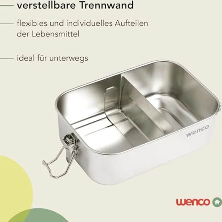 wenco Lunchbox aus Edelstahl, Mit 2 Fächern, Brotdose groß mit 1,5 liter Fassungsvermögen, Wasserdicht, Spülmaschinengeeignet, inkl. Ersatz-Silikonring, 21,5 x 16,5 x 7,0 cm, Silber. – Bild 4